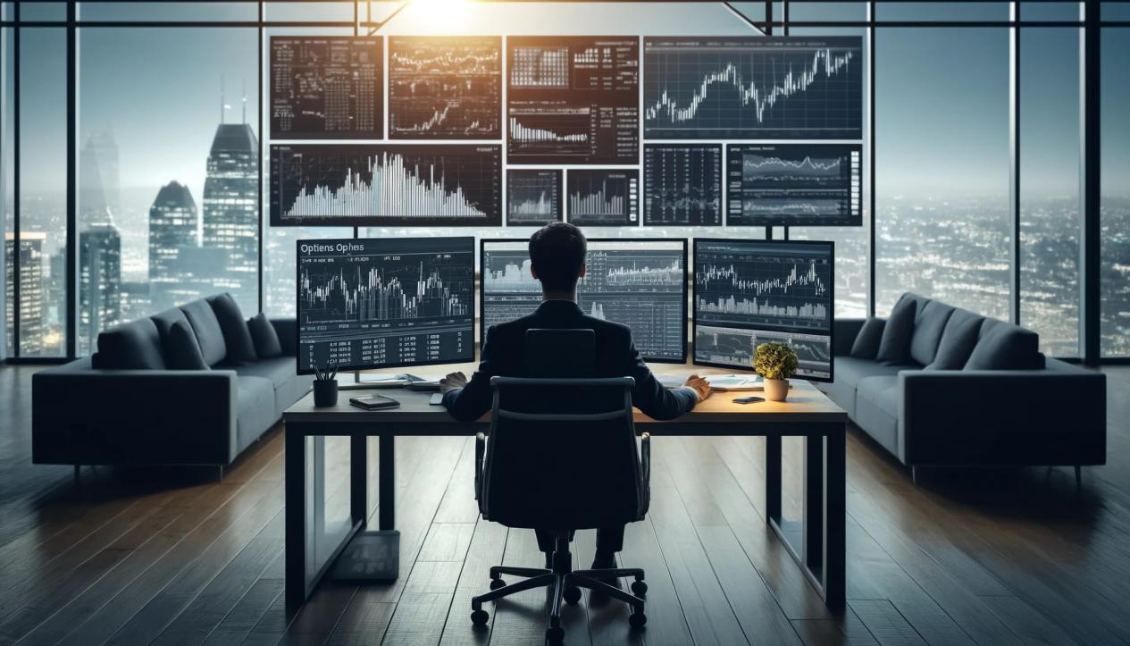 DALL·E 2024-05-17 15.30.11 - A financial analyst sitting at a desk in a modern office analyzing options trading data. The desk has multiple monitors showing charts, market data, a