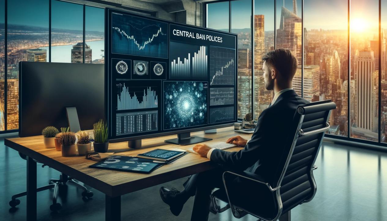 DALL·E 2024-05-17 15.37.52 - A financial analyst sitting at a desk in a modern office analyzing data on central bank policies. The desk has multiple monitors showing charts, econo