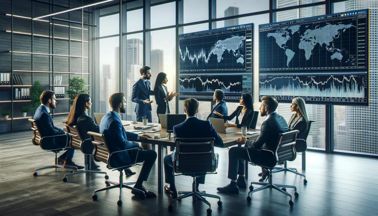 DALL·E 2024-05-17 17.39.28 - A group of financial analysts in a modern office discussing the impact of geopolitical events on currency markets. The office has large screens displa