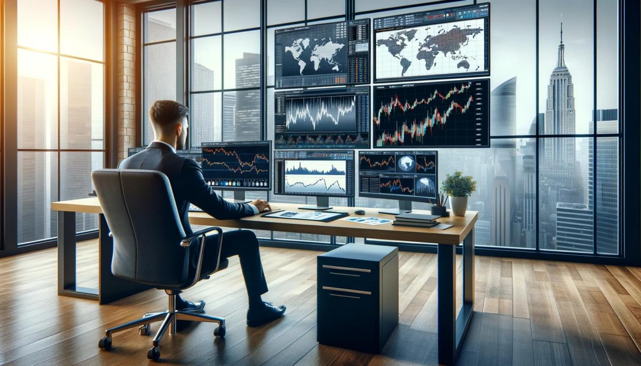 DALL·E 2024-05-17 17.39.31 - A financial analyst sitting at a desk in a modern office analyzing data on the impact of geopolitical events on currency markets. The desk has multipl