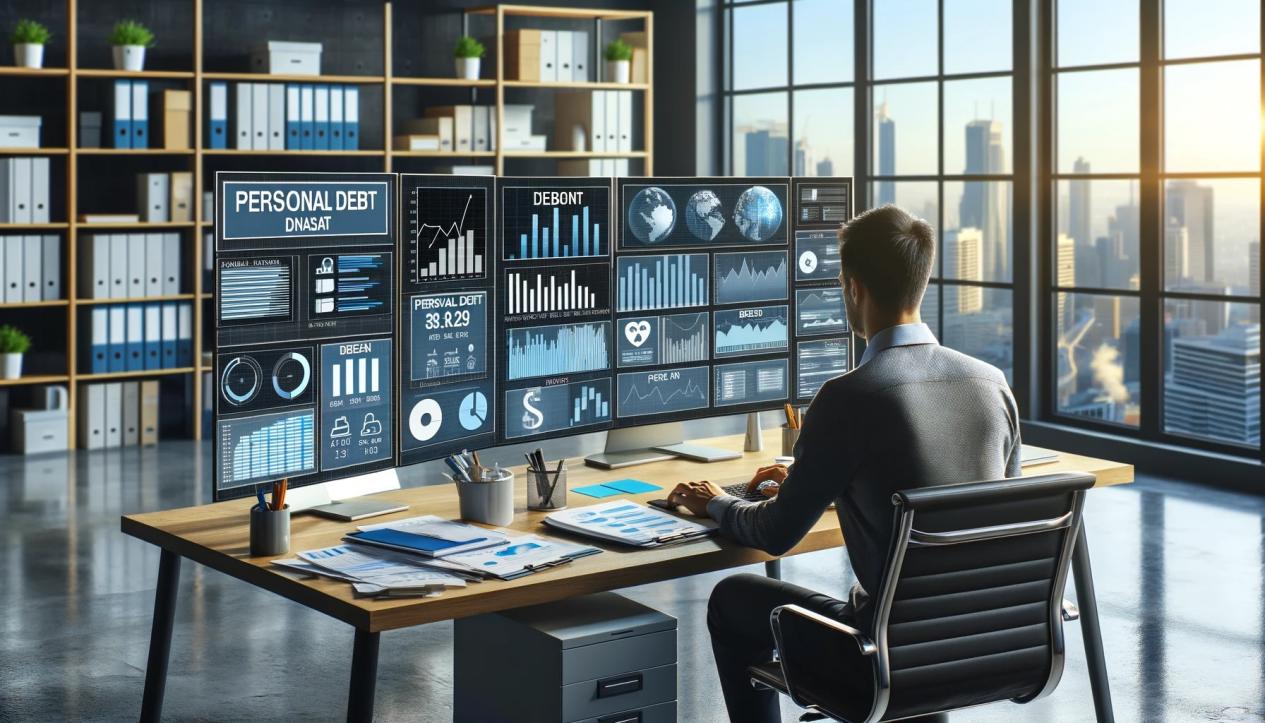 DALL·E 2024-05-17 17.57.27 - A financial analyst sitting at a desk in a modern office managing personal debt data. The desk has multiple monitors showing charts, financial data, a