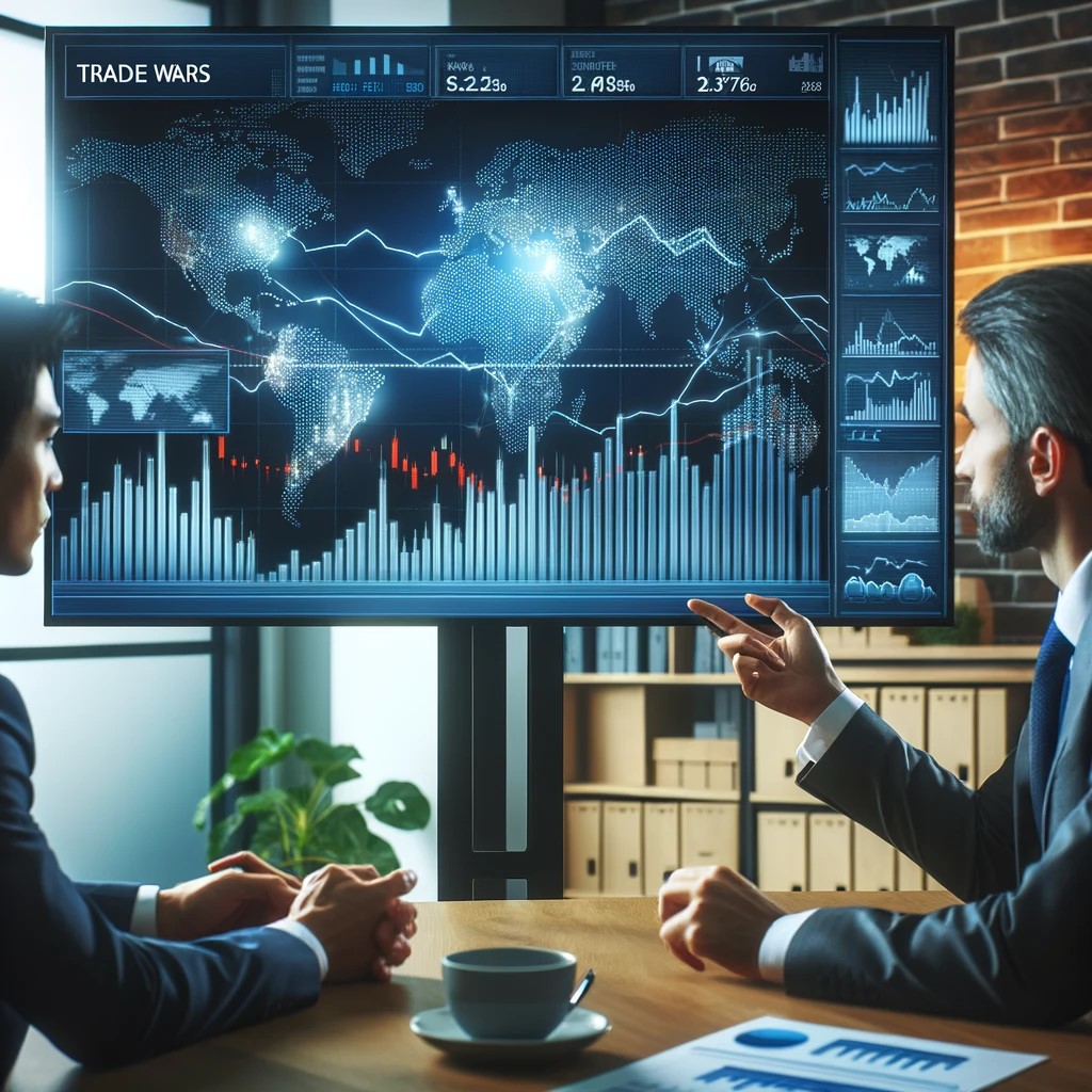 DALL·E 2024-05-29 17.21.20 - An image showing a financial advisor explaining the impact of trade wars on global markets to a client in a modern office setting. The screen in the b