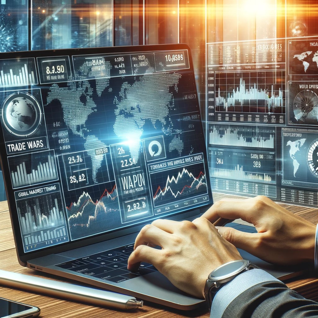 DALL·E 2024-05-29 17.21.21 - An image of a financial analyst working on a laptop with data on trade wars and global market trends displayed on the screen. The screen shows various