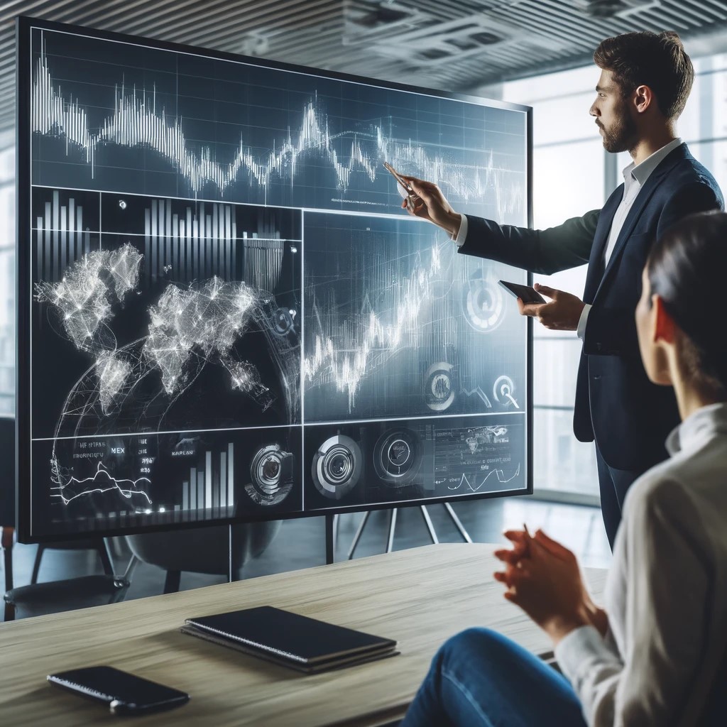 DALL·E 2024-05-29 17.08.05 - An image showing a financial advisor explaining the basics of Forex trading to a client in a modern office setting. The screen in the background displ