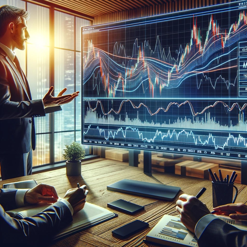 DALL·E 2024-05-29 17.29.45 - An image showing a financial advisor explaining technical analysis in stock trading to a client in a modern office setting. The screen in the backgrou