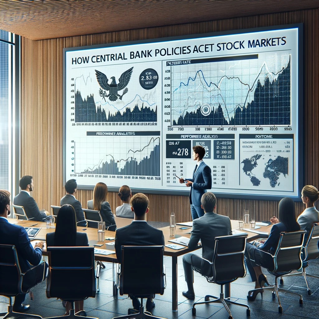 DALL·E 2024-05-29 16.43.11 - An image of a conference room where a financial expert is giving a presentation on how central bank policies affect stock markets. The presentation sc