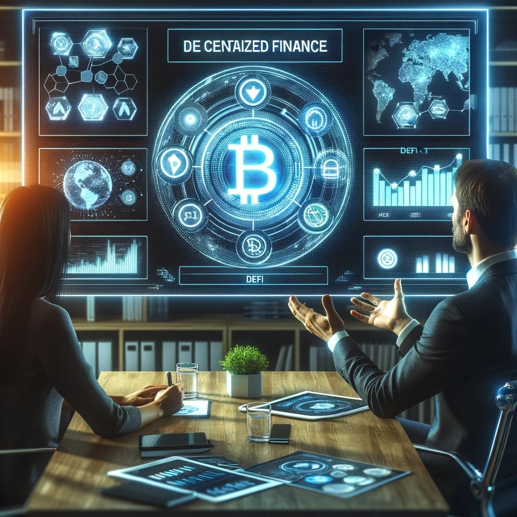 DALL·E 2024-05-29 17.33.39 - An image showing a financial advisor explaining decentralized finance (DeFi) to a client in a modern office setting. The screen in the background disp