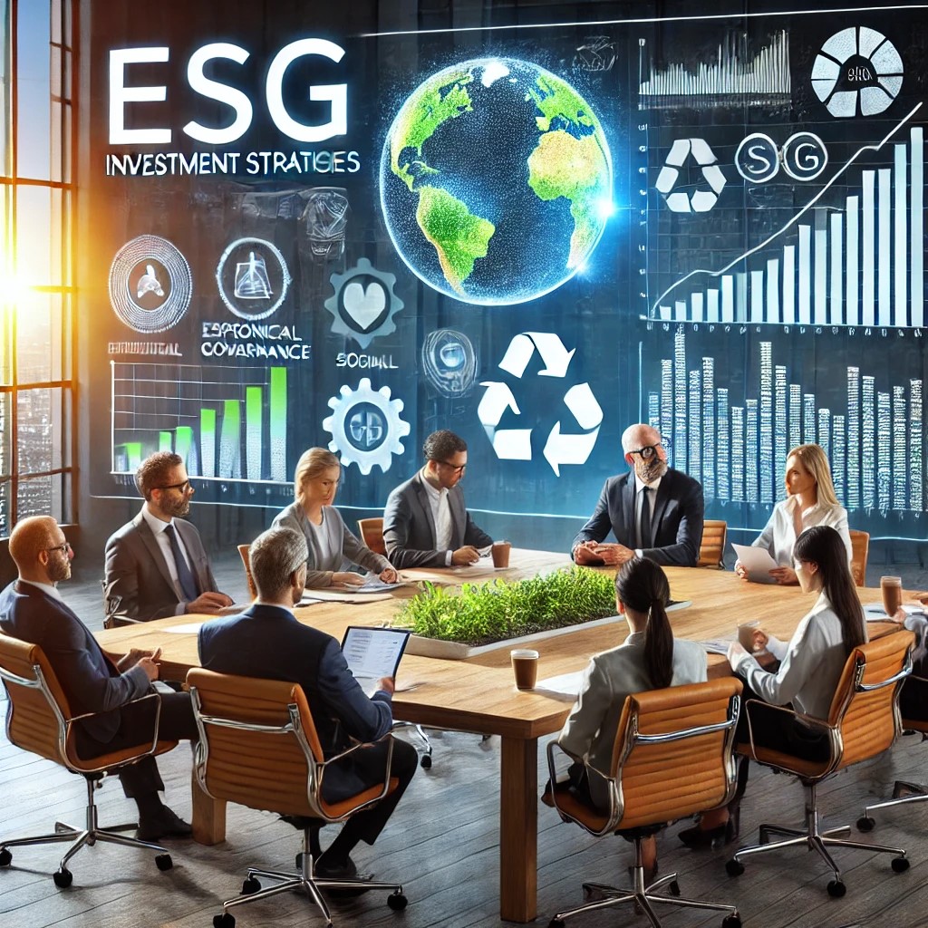 DALL·E 2024-06-28 16.37.18 - An image showing financial analysts in a meeting room discussing ESG investment strategies with charts and graphs representing environmental, social, 