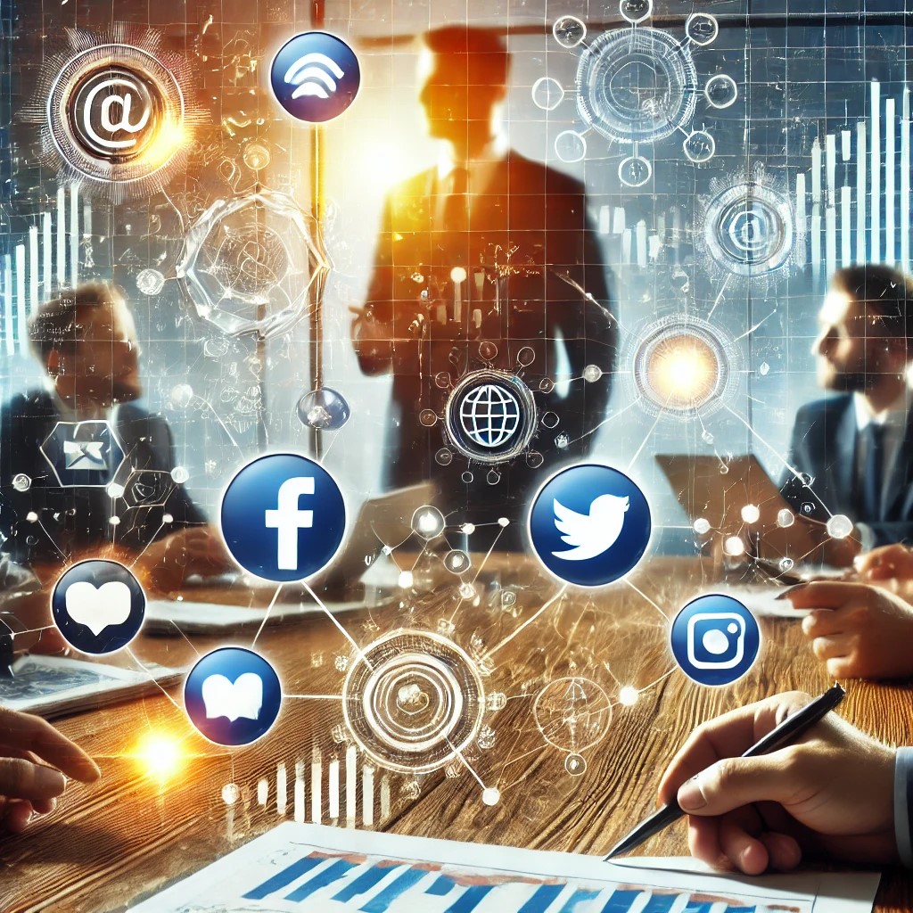 DALL·E 2024-06-28 16.02.18 - An image of a group of people discussing financial strategies, with social media icons and stock market graphs in the background, representing the imp