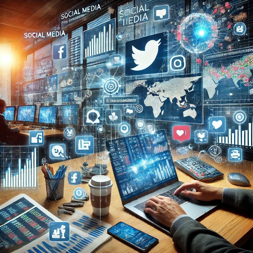 DALL·E 2024-06-28 16.02.17 - An image showing a financial trader using multiple screens displaying social media feeds, stock charts, and financial data, representing the influence