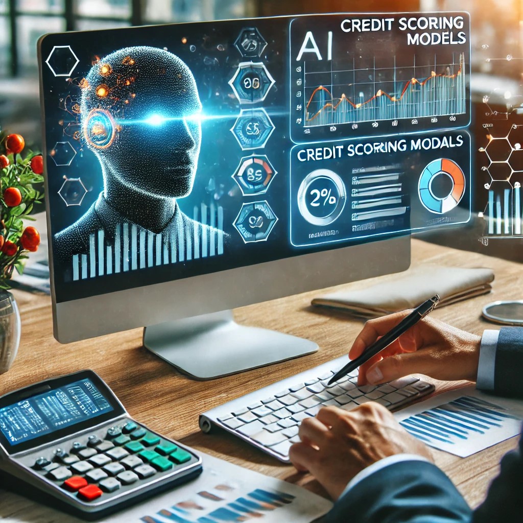 DALL·E 2024-06-28 16.39.35 - An image showing a financial analyst using AI technology on a computer to enhance credit scoring models, with graphs and data visualizations on the sc