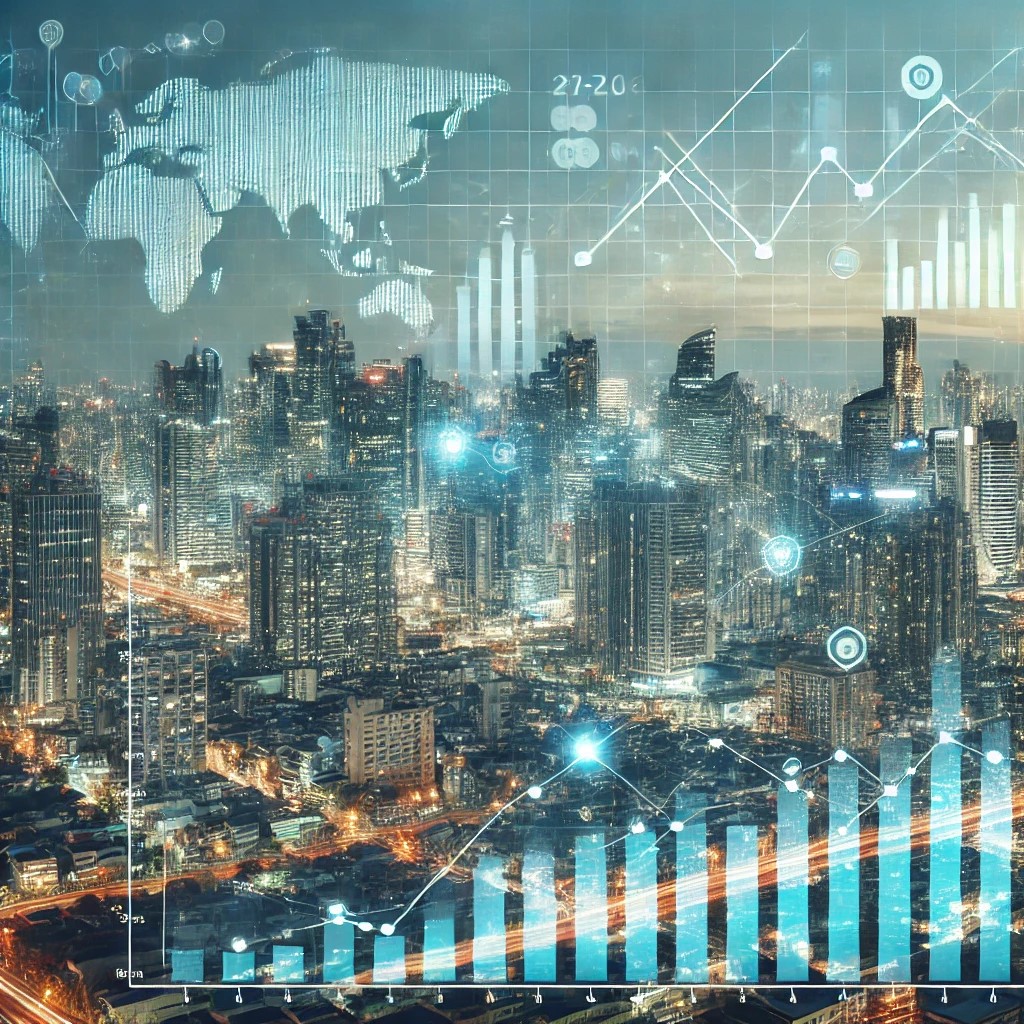 DALL·E 2024-06-28 16.13.32 - An image of a modern cityscape representing urbanization with financial graphs and charts overlaying the city, showing the impact of urbanization on f