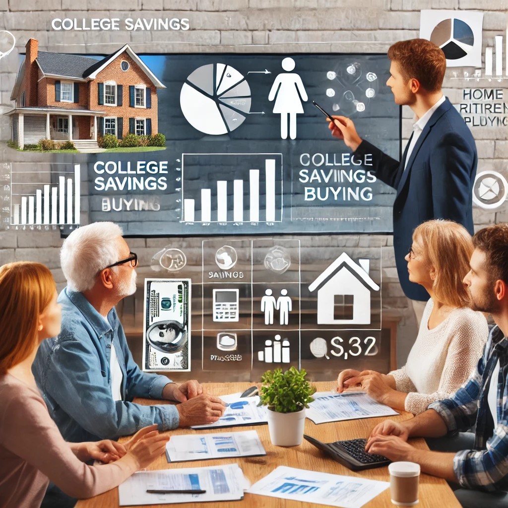 DALL·E 2024-06-28 16.56.32 - An image showing a family discussing financial plans with a financial advisor, with charts and documents representing college savings, home buying, an