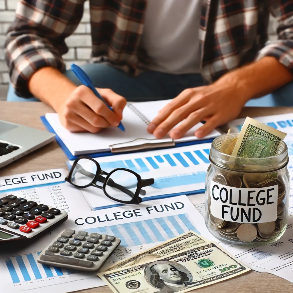 DALL·E 2024-06-28 16.44.13 - An image showing a young adult planning for college expenses with financial documents, a calculator, and a savings jar labeled 'College Fund'