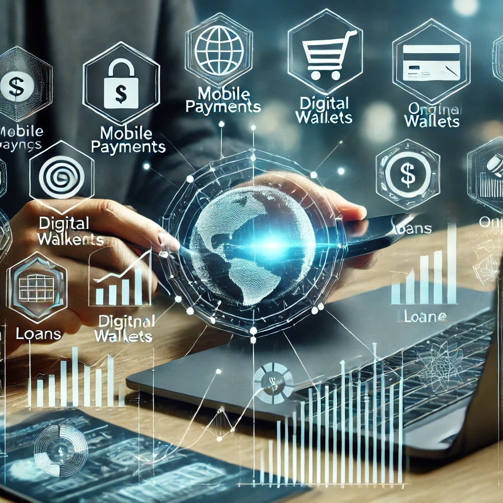 DALL·E 2024-07-30 20.04.09 - A digital financial dashboard showing various fintech solutions, such as mobile payments, digital wallets, and online loans. The screen displays inter