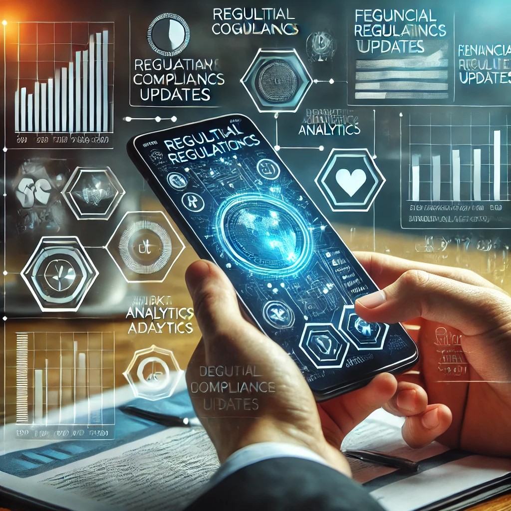 DALL·E 2024-07-30 18.15.12 - A person using a smartphone app to monitor financial regulations updates. The screen displays detailed regulatory compliance data and analytics, symbo