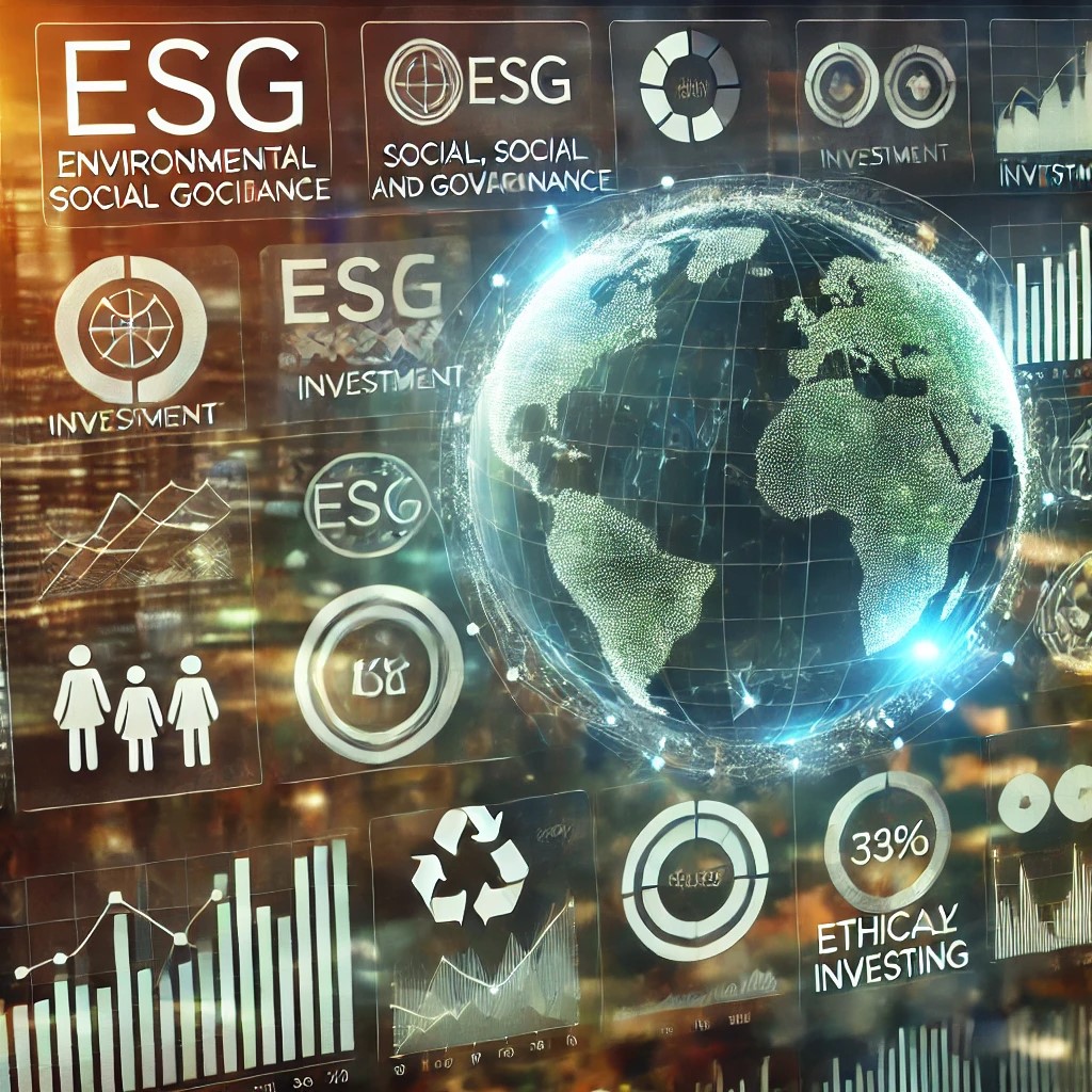 DALL·E 2024-07-30 20.39.26 - A digital financial dashboard showing various ESG (Environmental, Social, and Governance) investment metrics. The screen displays interactive graphs a