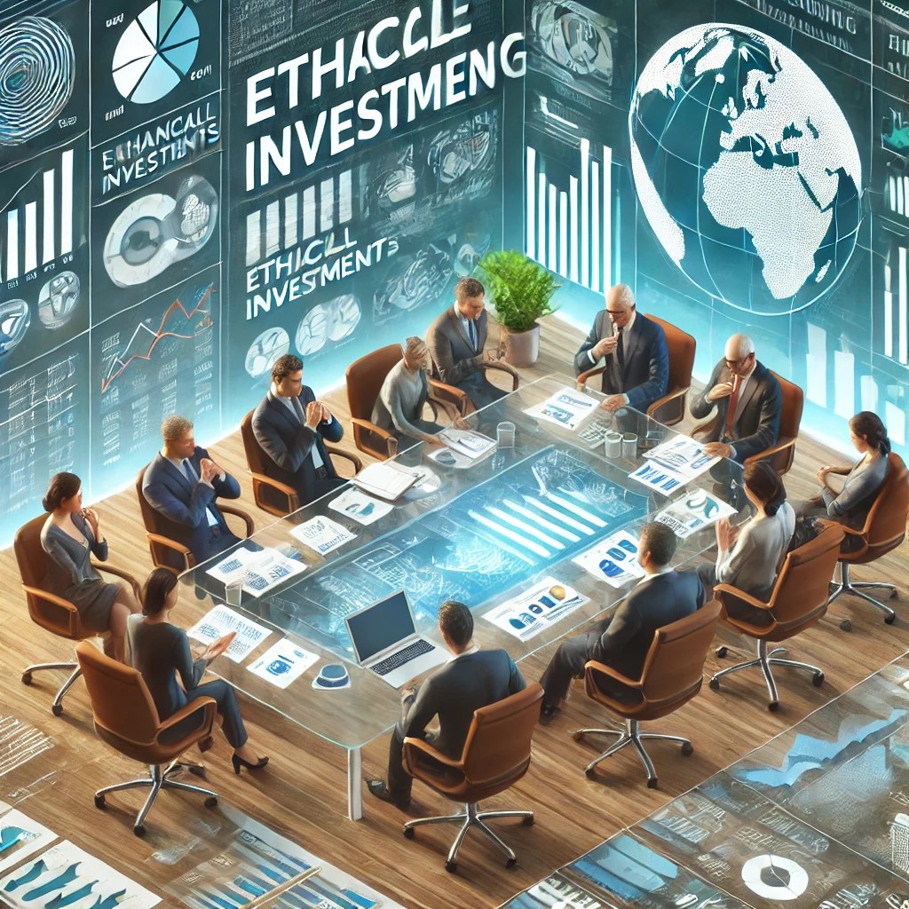 DALL·E 2024-07-30 20.39.28 - A group of financial analysts in a meeting room discussing ethical investment strategies. The setting includes charts, graphs, and financial documents