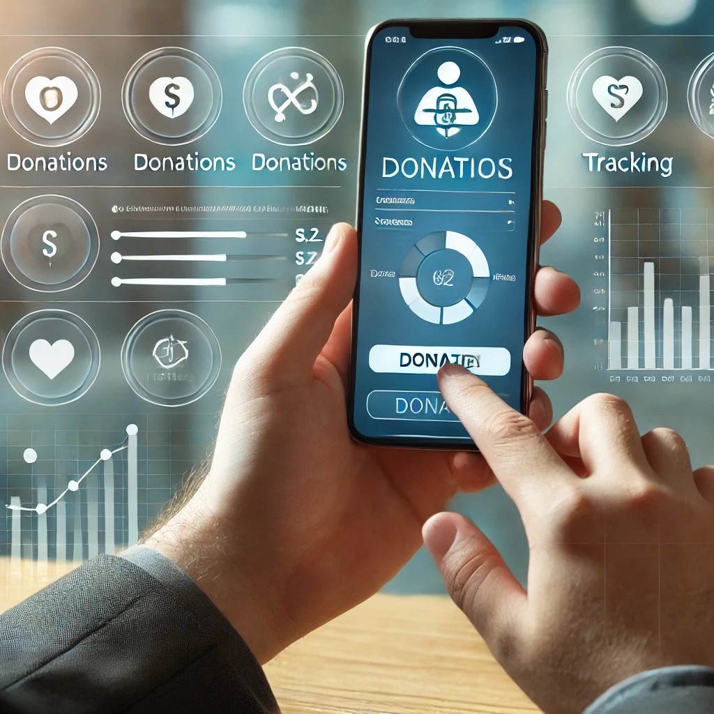 DALL·E 2024-07-30 19.50.49 - A person using a smartphone app to manage their charitable donations. The screen displays various options for donations and tracking metrics, symboliz