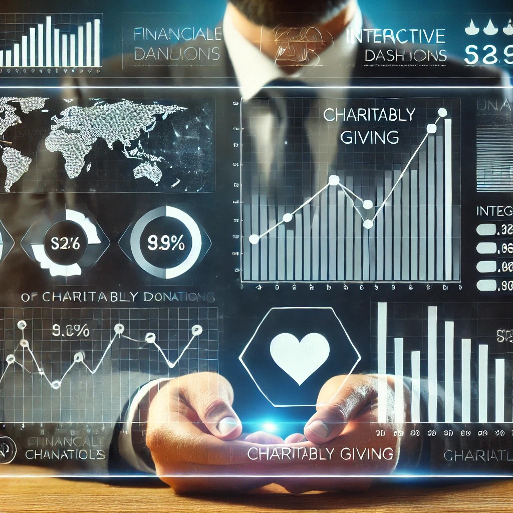 DALL·E 2024-07-30 19.50.47 - A digital interface showing a financial dashboard with metrics related to charitable giving. The screen displays interactive graphs and charts, symbol