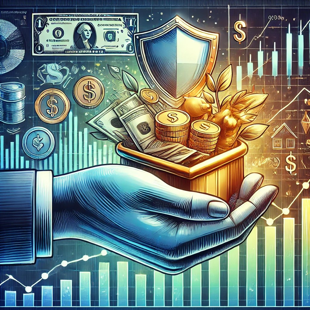 DALL·E 2024-09-01 17.04.48 - A detailed image illustrating the concept of protecting a financial portfolio from market downturns. The image shows a diversified investment portfoli