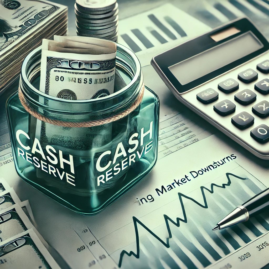 DALL·E 2024-09-01 17.04.49 - A detailed image showing the importance of having cash reserves during market downturns. The image features a cash reserve jar on a table, with financ