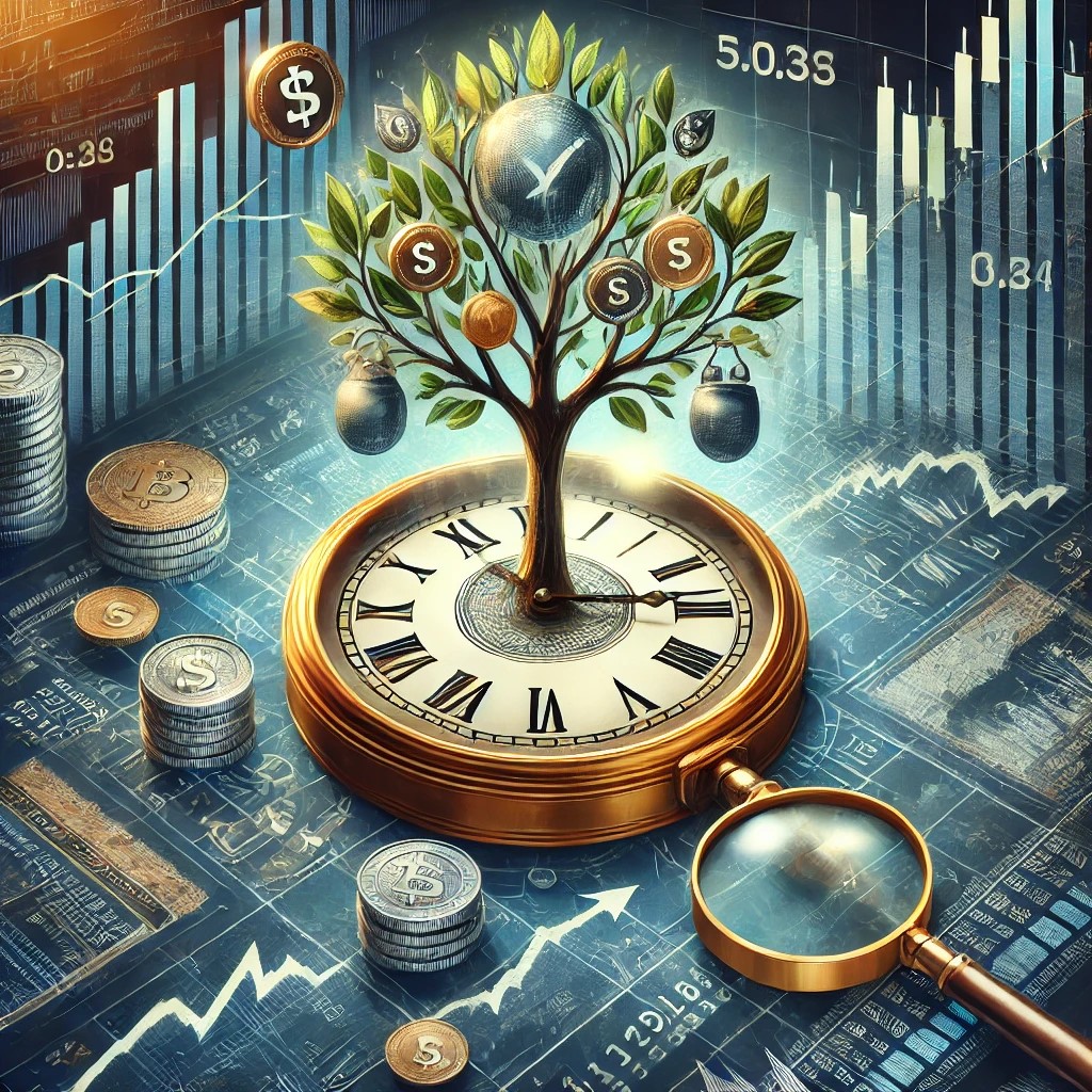 DALL·E 2024-09-01 17.04.50 - A detailed image representing the strategy of long-term investing during market downturns. The image features a clock and a growing tree with financia