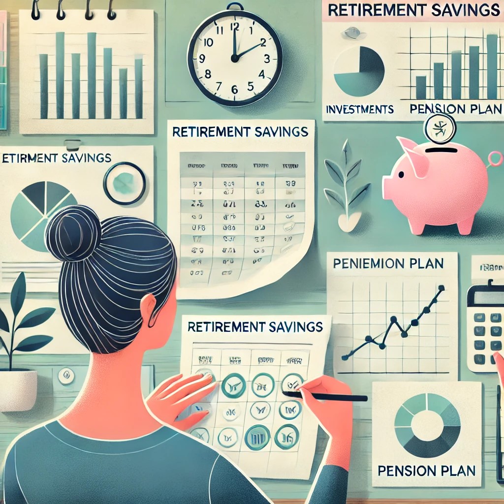 DALL·E 2024-09-01 16.59.28 - A detailed image illustrating the importance of retirement planning for women. The image shows a woman reviewing her financial plans at a desk with do