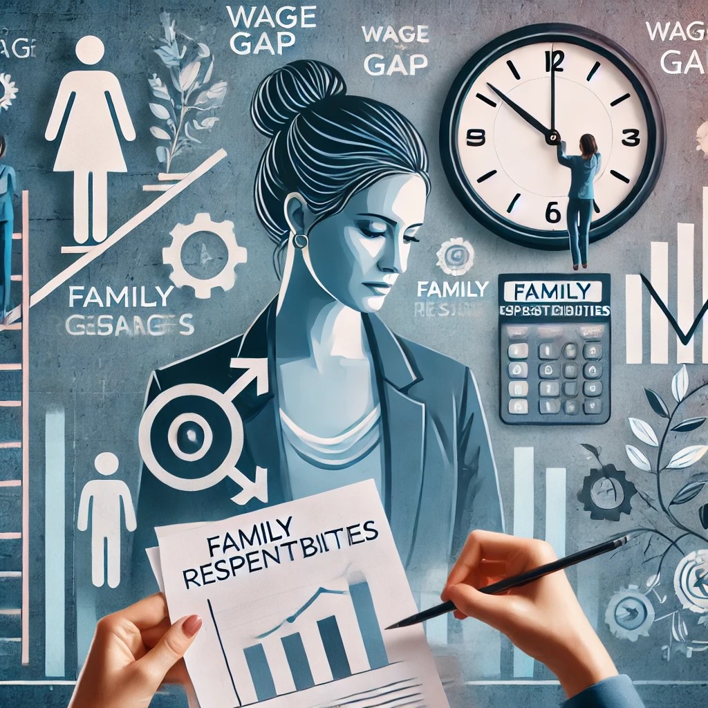 DALL·E 2024-09-01 16.59.29 - A detailed image showing the challenges women face in retirement planning. The image includes symbols such as a broken career ladder, wage gap signs, 