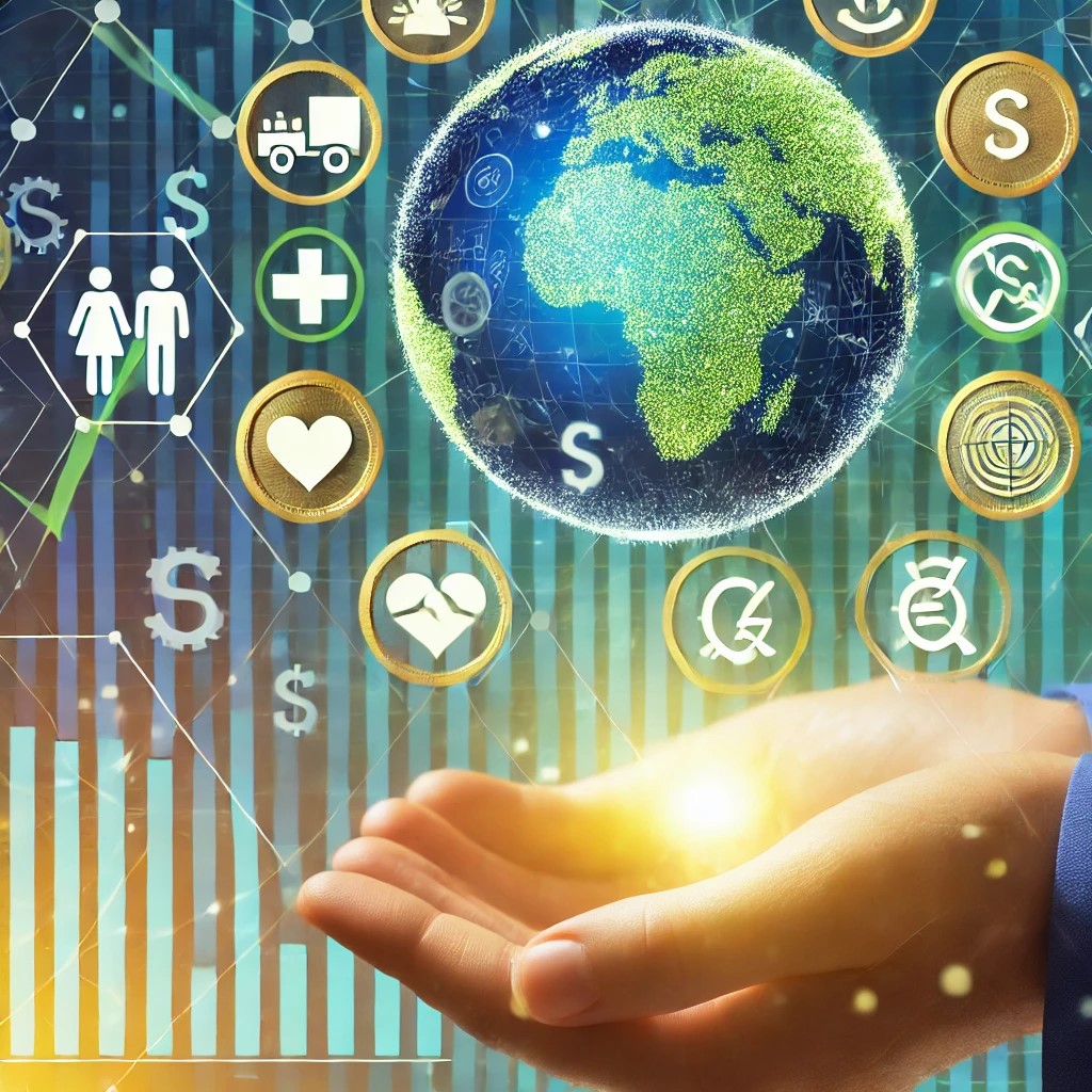 DALL·E 2024-09-02 15.46.09 - A detailed image illustrating the concept of impact investing in social change. The image features a hand holding a globe with various symbols represe