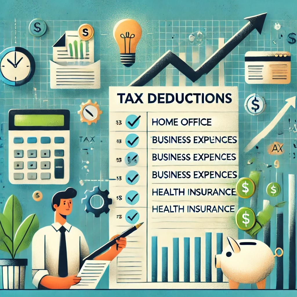 DALL·E 2024-09-02 16.01.43 - A detailed image showing the benefits of tax deductions for freelancers. The image features a freelancer reviewing a tax summary with categories like 