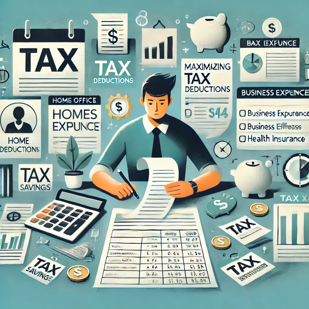 DALL·E 2024-09-02 16.01.42 - A detailed image illustrating the concept of maximizing tax deductions as a freelancer. The image features a freelancer at a desk with various tax doc