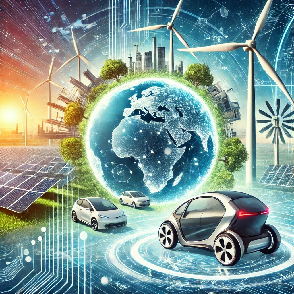 DALL·E 2024-10-21 23.26.52 - A futuristic illustration showing the growth of renewable energy industries, with images of solar farms, wind turbines, and electric vehicles. The bac