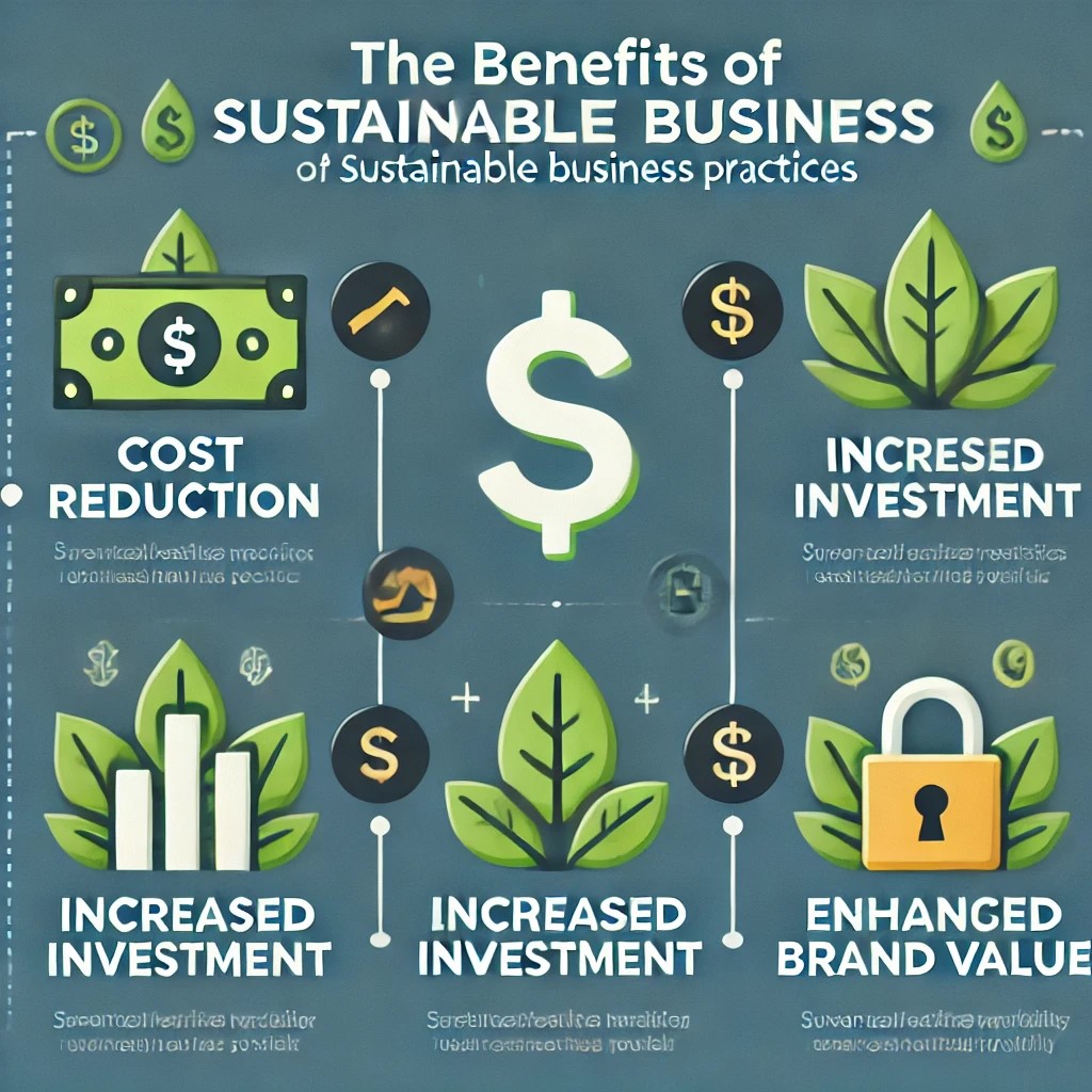 DALL·E 2024-10-21 23.31.05 - An infographic showing the financial benefits of sustainable business practices, including cost reduction, increased investment, and enhanced brand va