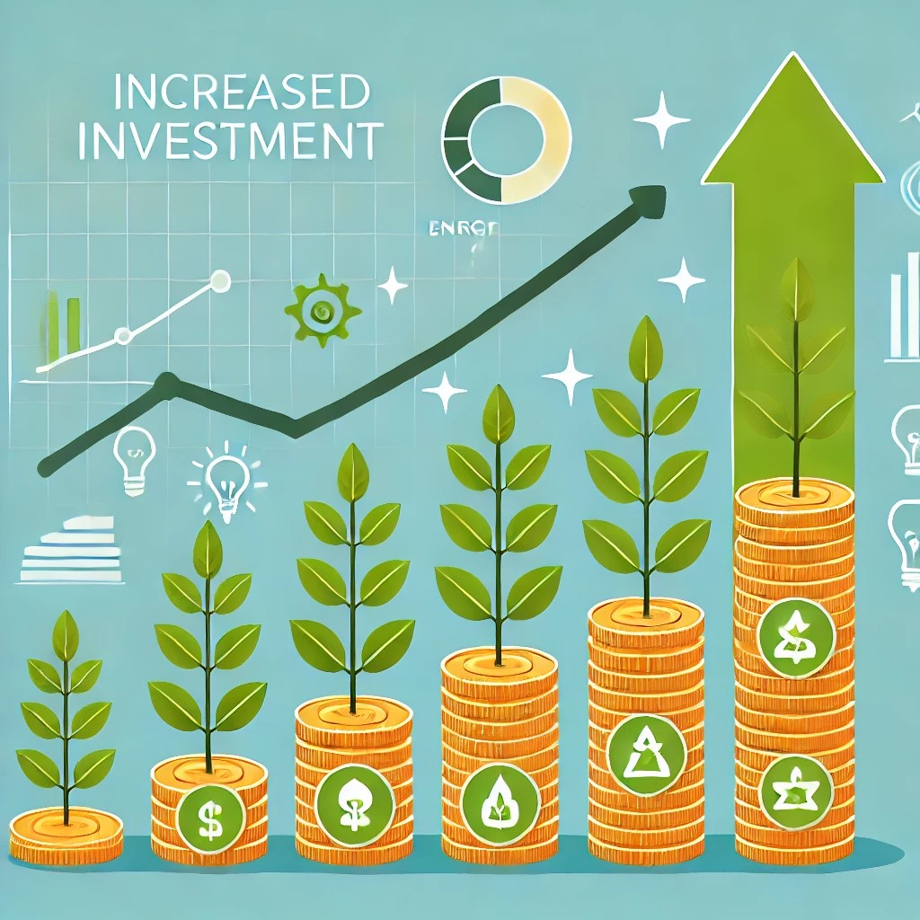 DALL·E 2024-10-21 23.31.21 - An illustration showing increased investment in sustainable businesses. The image should feature stacks of coins growing taller with icons representin