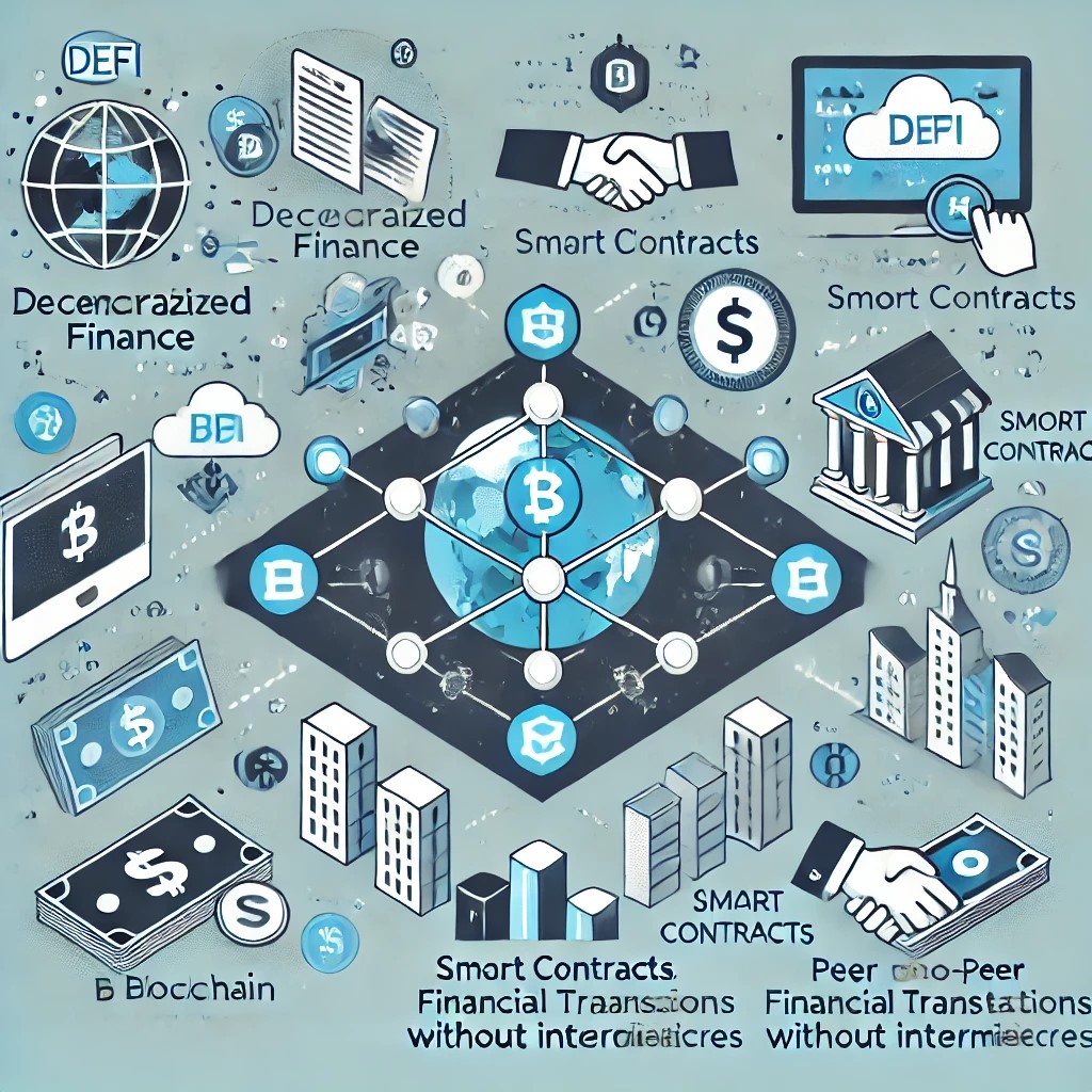 DALL·E 2024-10-21 22.52.43 - An infographic explaining the concept of Decentralized Finance (DeFi), showing key elements like blockchain, smart contracts, and peer-to-peer financi