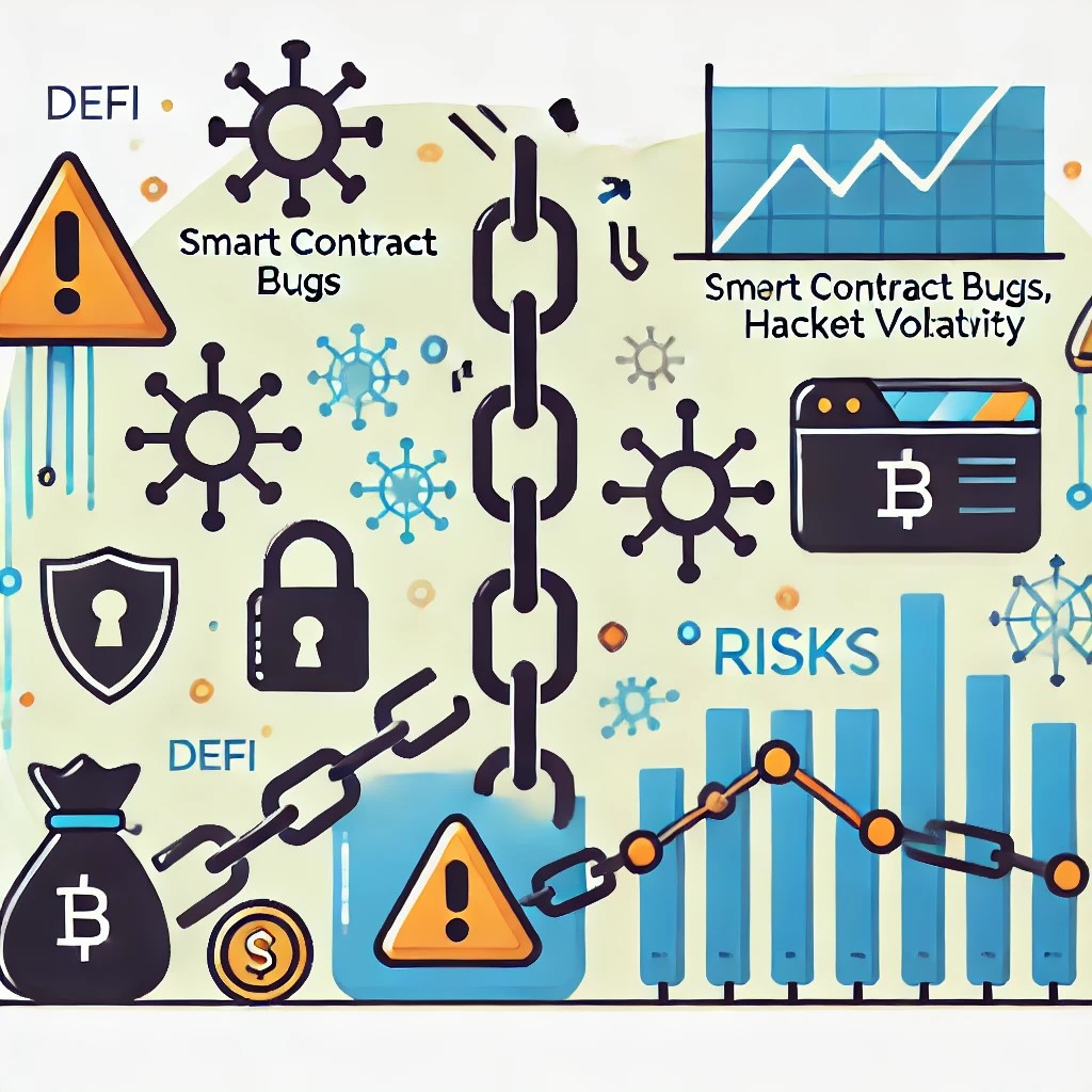 DALL·E 2024-10-21 22.52.45 - An illustration of the risks in DeFi, showing potential vulnerabilities like smart contract bugs, hacking, and market volatility. The image should use