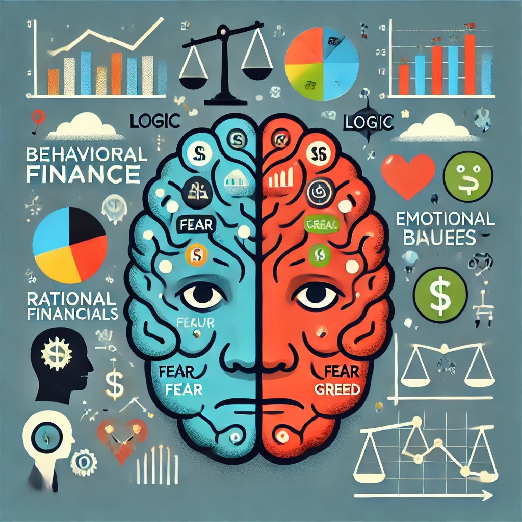 DALL·E 2024-10-21 22.28.41 - An illustration of the concept of behavioral finance with a brain divided into two sections. One section should show rational financial decisions repr