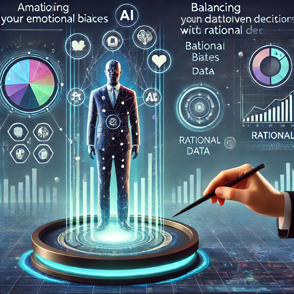 DALL·E 2024-10-21 22.28.59 - An illustration showing a future prediction of AI tools helping people with financial decisions by analyzing their emotional biases and rational data