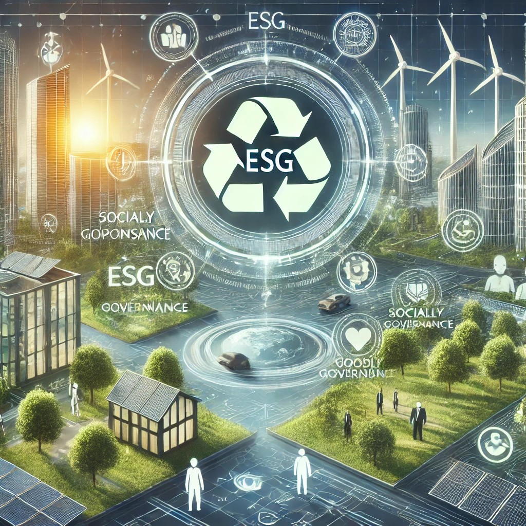 DALL·E 2024-10-21 22.37.53 - An image showing a futuristic city where companies focus on ESG practices. The city should be clean and green, with visual elements like solar panels,