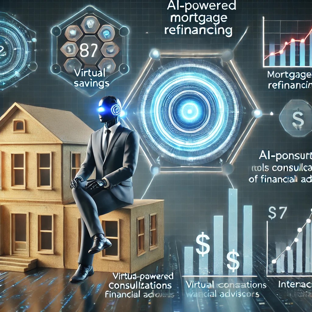 DALL·E 2024-11-20 21.49.21 - A futuristic depiction of mortgage refinancing trends, featuring AI-powered tools predicting savings, virtual consultations with financial advisors, a