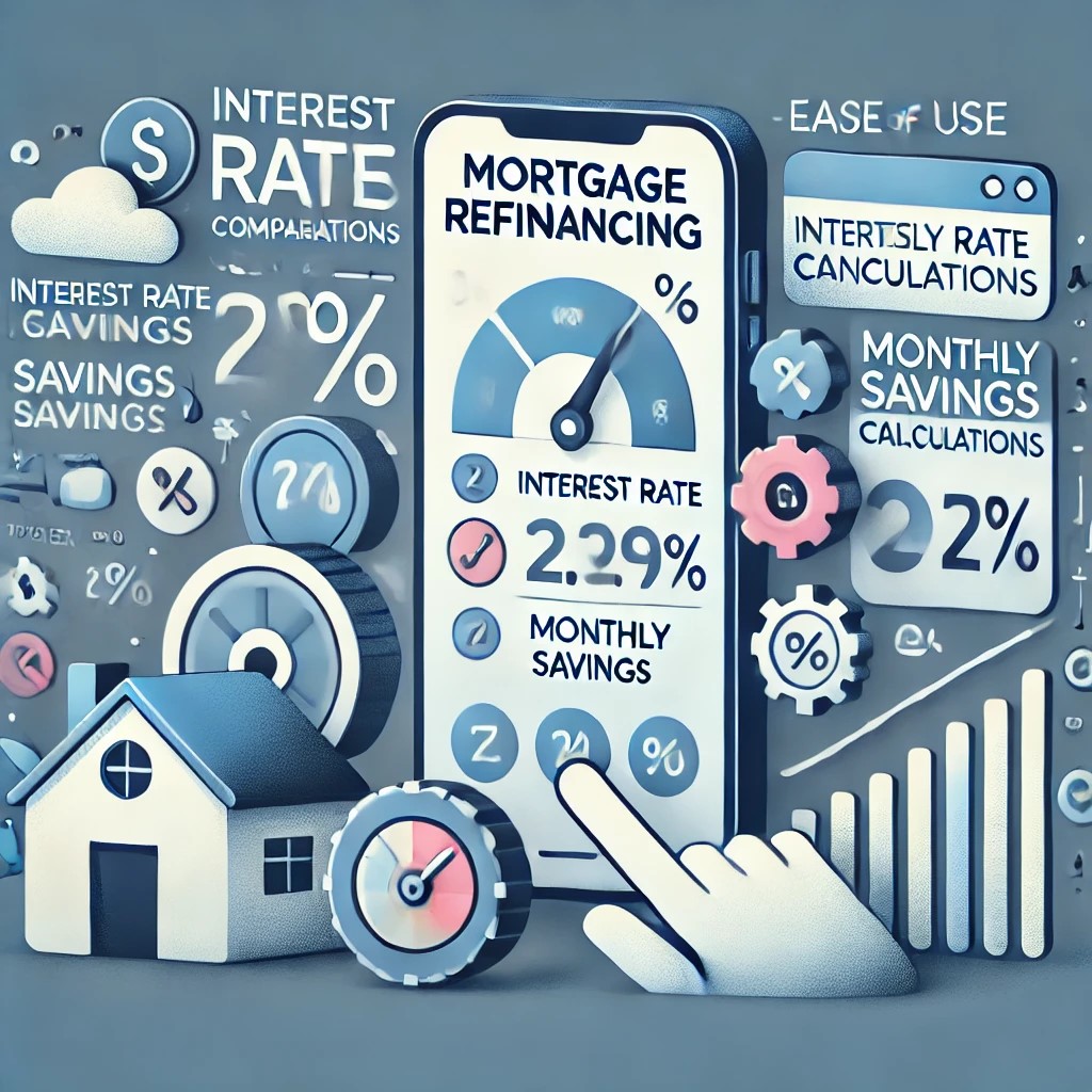 DALL·E 2024-11-20 21.49.20 - An illustration of modern tools for evaluating mortgage refinancing, featuring a smartphone app showing interest rate comparisons, monthly savings cal