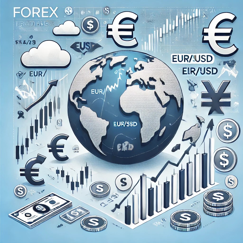 DALL·E 2024-11-20 21.29.55 - An educational illustration of Forex trading basics, featuring a global map with currency symbols, trading charts, and a pair of currencies like EUR_U