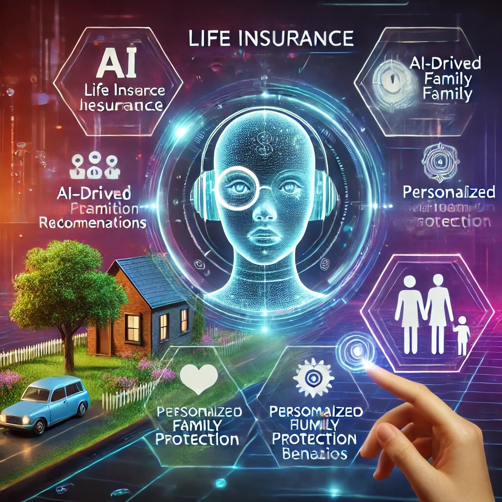 DALL·E 2024-11-20 22.11.33 - A futuristic illustration of life insurance trends, featuring AI-driven policy recommendations, holographic family protection scenarios, and personali