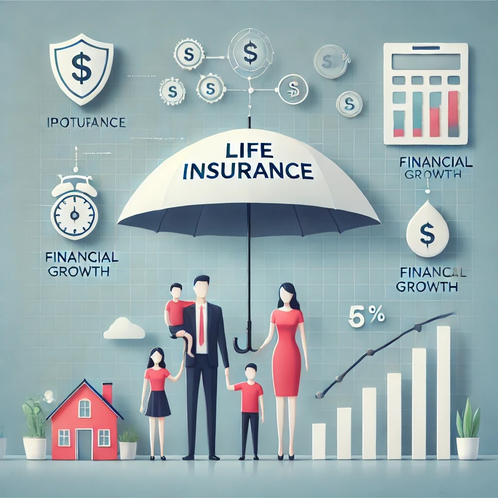 DALL·E 2024-11-20 22.11.31 - An illustration depicting the importance of life insurance in financial planning, featuring a family protected under an umbrella labeled 'Life Insuran